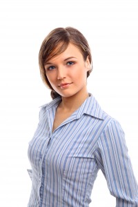 Positive business woman smiling over white background